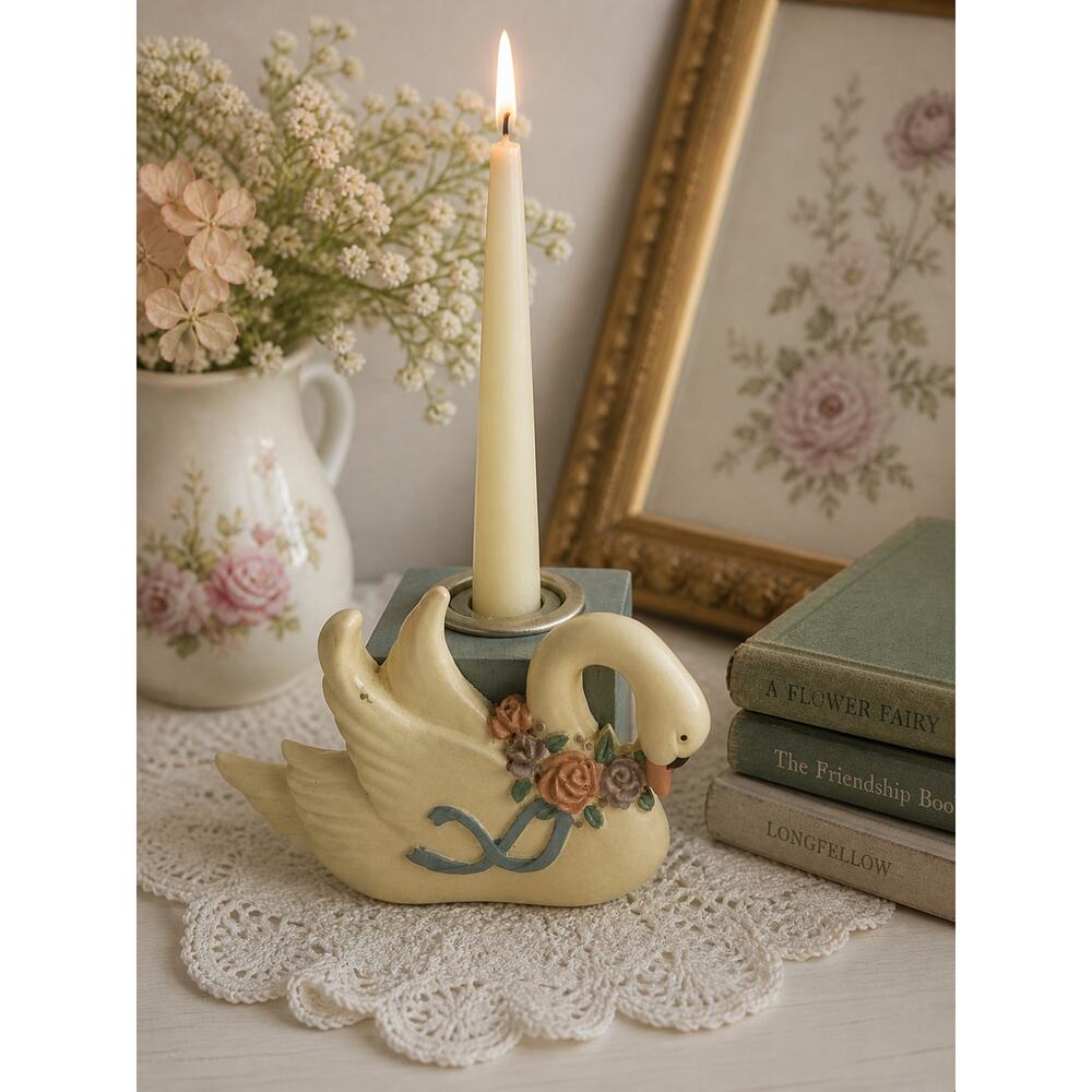 Vintage Ceramic Swan Candle Holder, Cottage Core Shabby Chic
